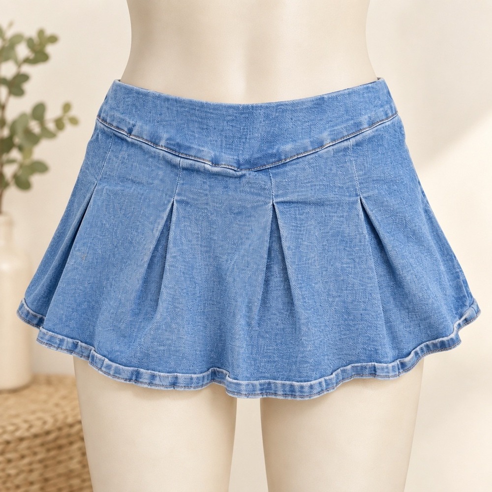 Refuge Denim Pleated Micro Mini Skort Medium Wash Blue Side Zip Small